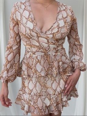 Leith Snake Print Wrap Mini Dress with ruffles and tie waist